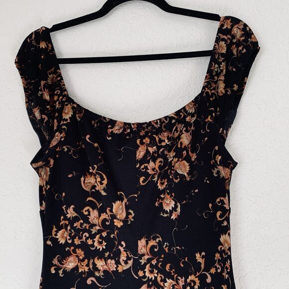 VTG Y2K La Belle Babydoll Milkmaid Midi Dress Women M Black Floral Whimsigoth - Picture 6 of 11